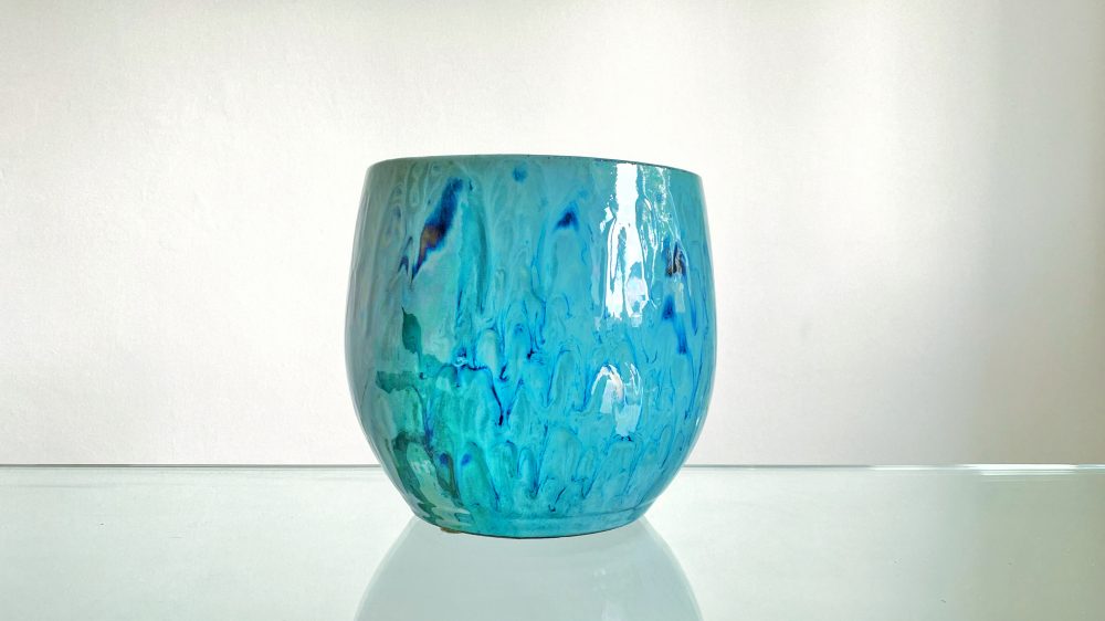 Blue Glossy Ceramic Flower / Plant Pot 16 cm